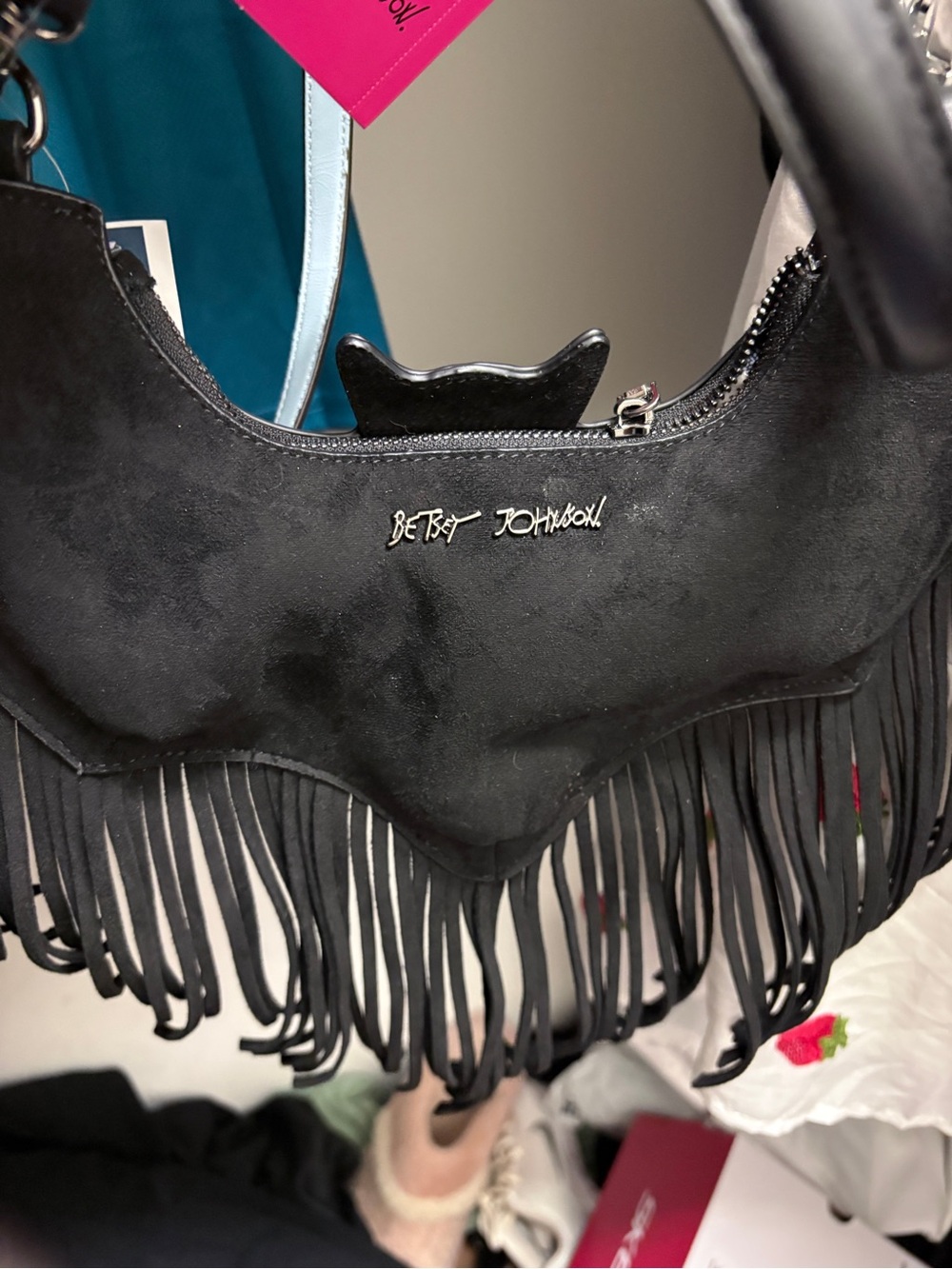 Betsey Johnson Wingin It Fringe Bat Crossbody Bag Black - Picture 8 of 9